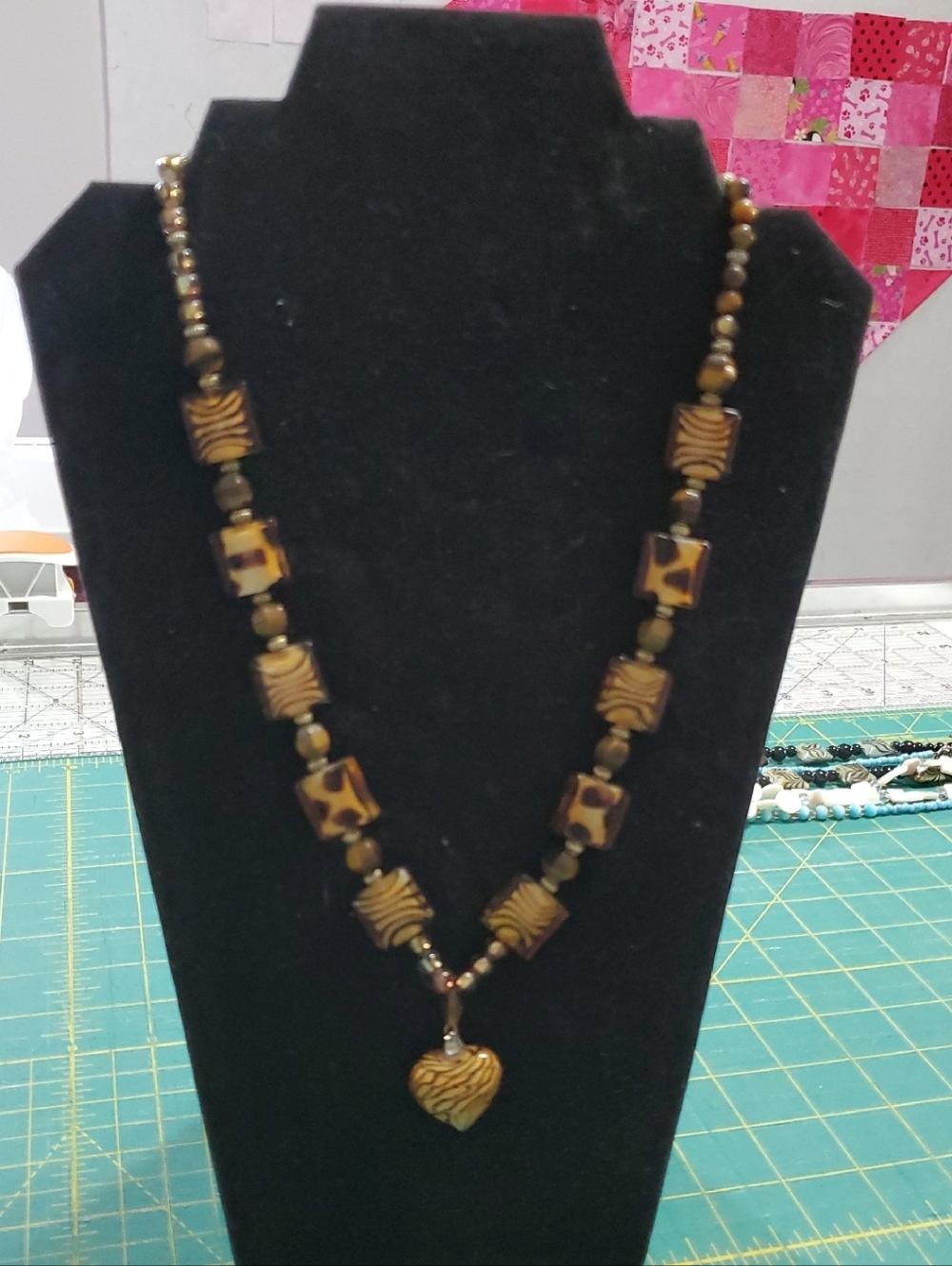 Handmade Brown Zebra Bead Heart Pendant Necklace - Women Jewelry